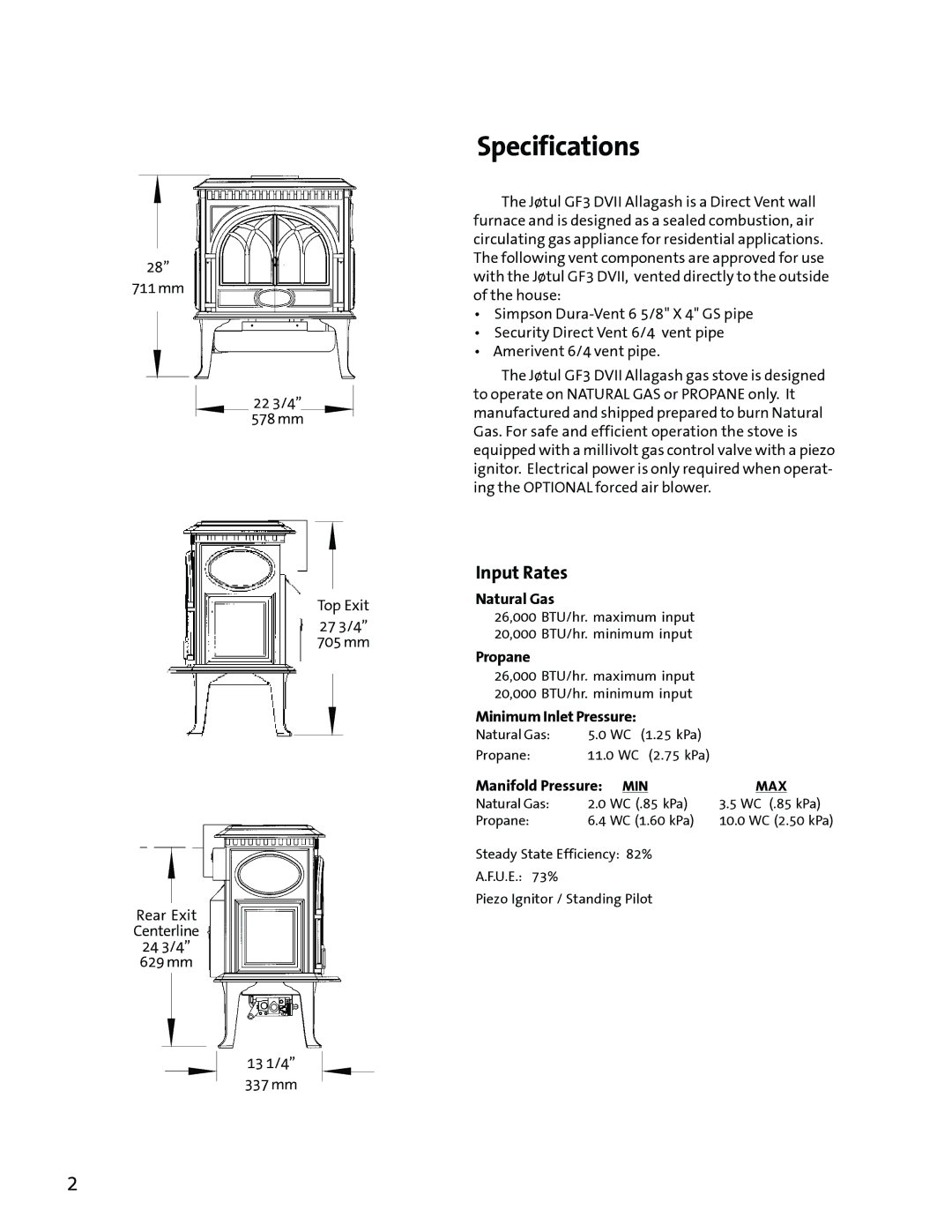 Jotul GF3 DVII manual Specifications, Input Rates 