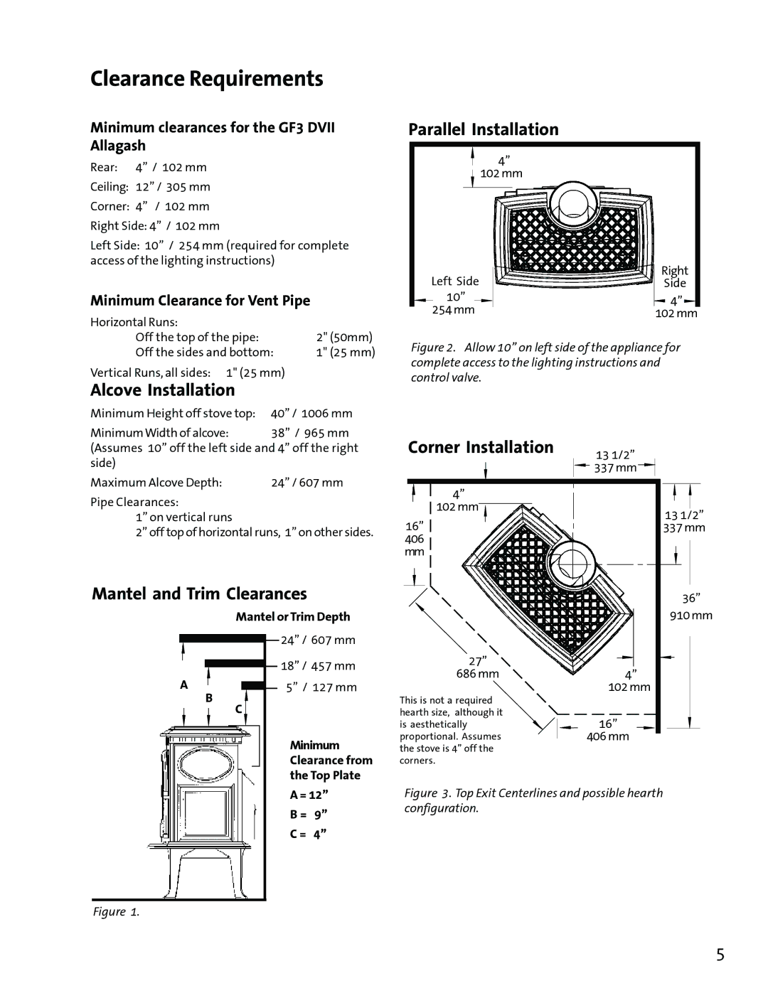 Jotul GF3 DVII manual Clearance Requirements, Alcove Installation, Mantel and Trim Clearances, Parallel Installation 