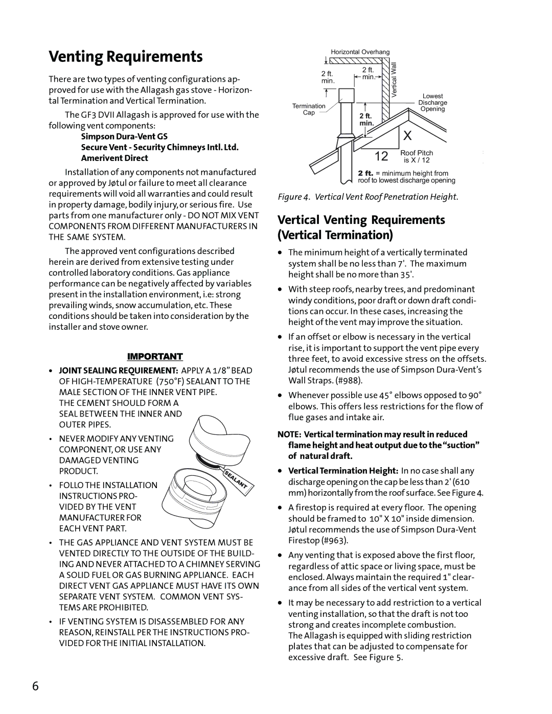 Jotul GF3 DVII manual Venting Requirements, Simpson Dura-Vent GS Amerivent Direct 