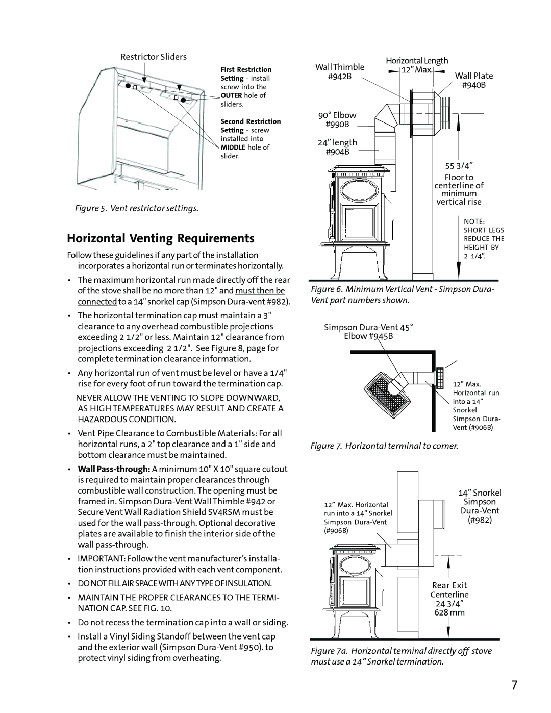 Jotul GF3 DVII manual Horizontal Venting Requirements, Restrictor Sliders 