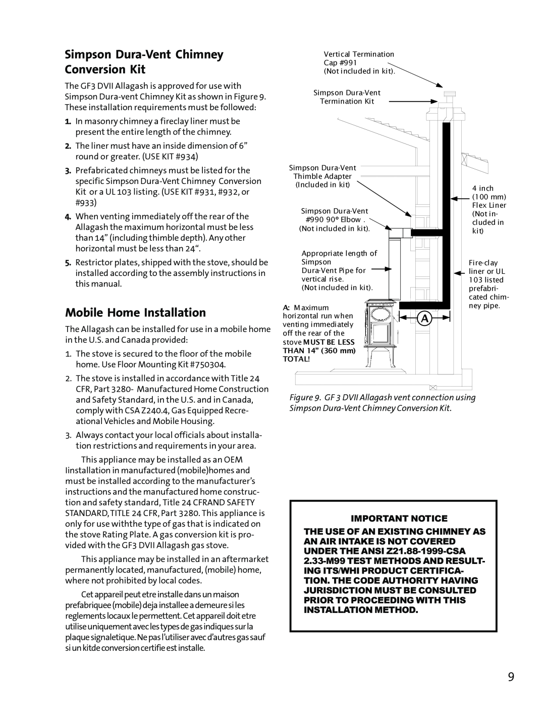 Jotul GF3 DVII manual Simpson Dura-VentChimney Conversion Kit, Mobile Home Installation 