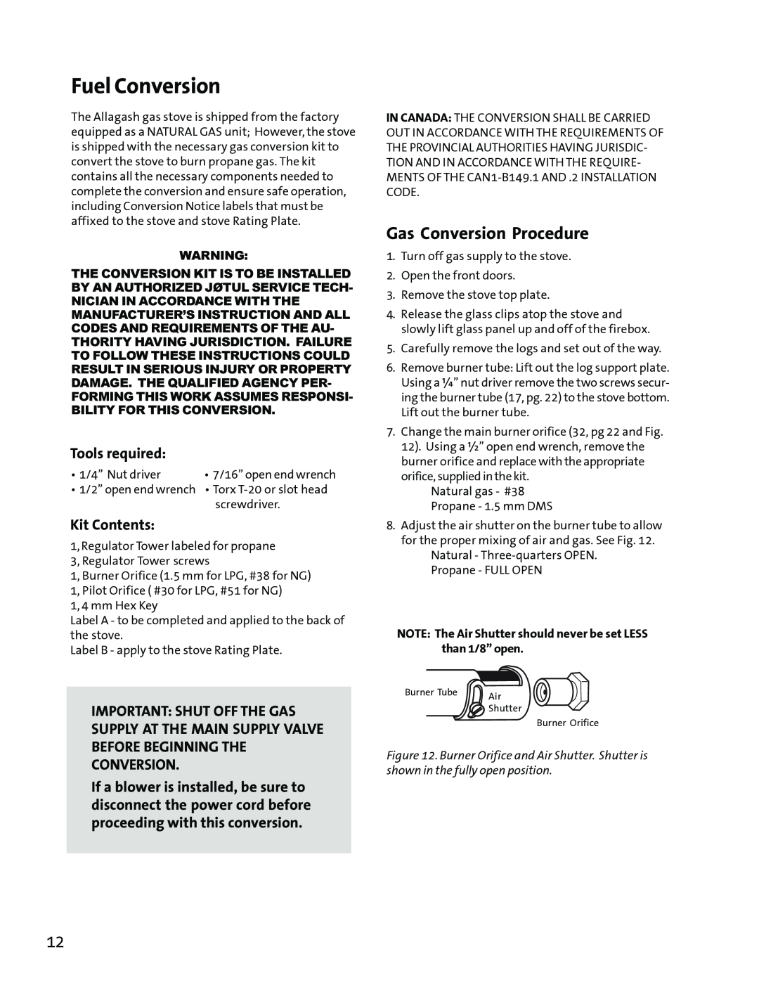 Jotul GF3 DVII manual Fuel Conversion, Gas Conversion Procedure, Tools required, Kit Contents 