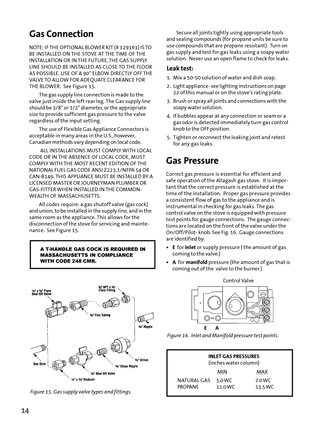 Jotul GF3 DVII manual Gas Connection, Gas Pressure, Leak test 