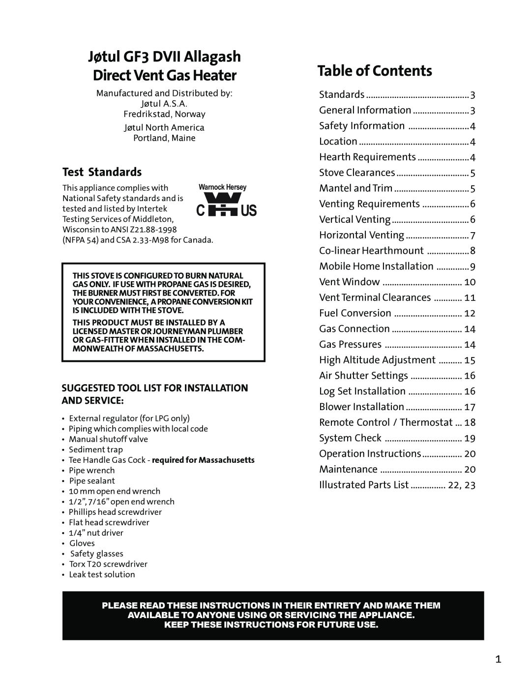 Jotul GF3 DVII manual Test Standards, Suggested Tool List For Installation And Service, Table of Contents 