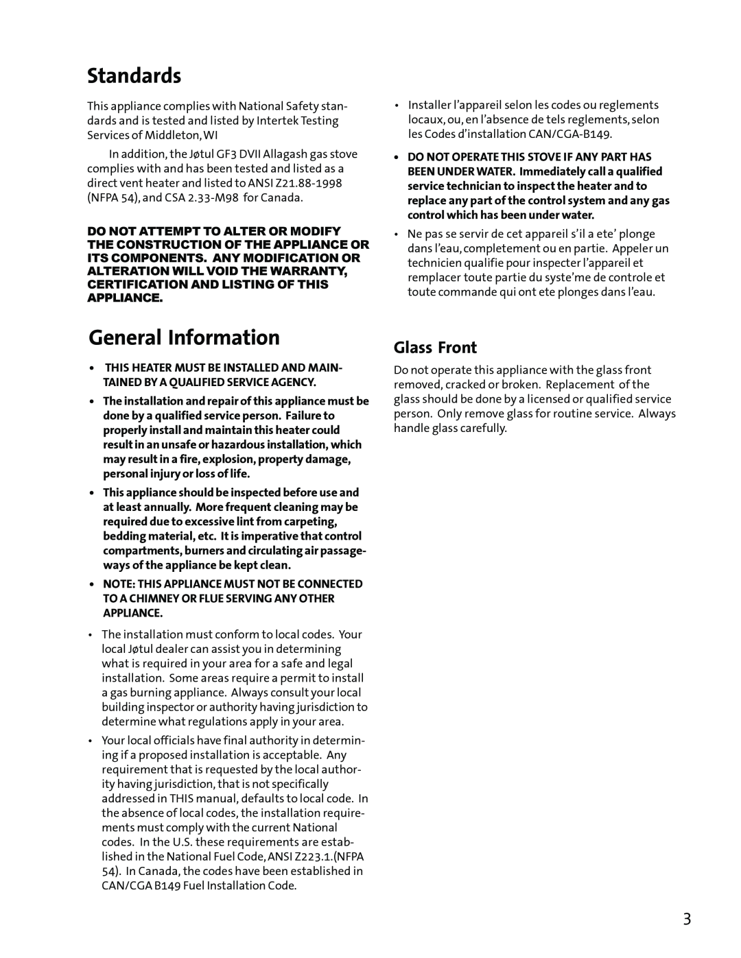Jotul GF3 DVII manual Standards, General Information, Glass Front 