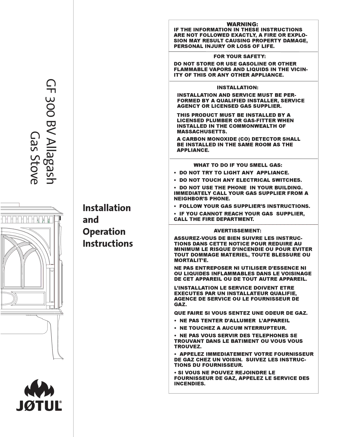 Jotul GF300 BV manual Installation and Operation Instructions, GF 300 BV Allagash 