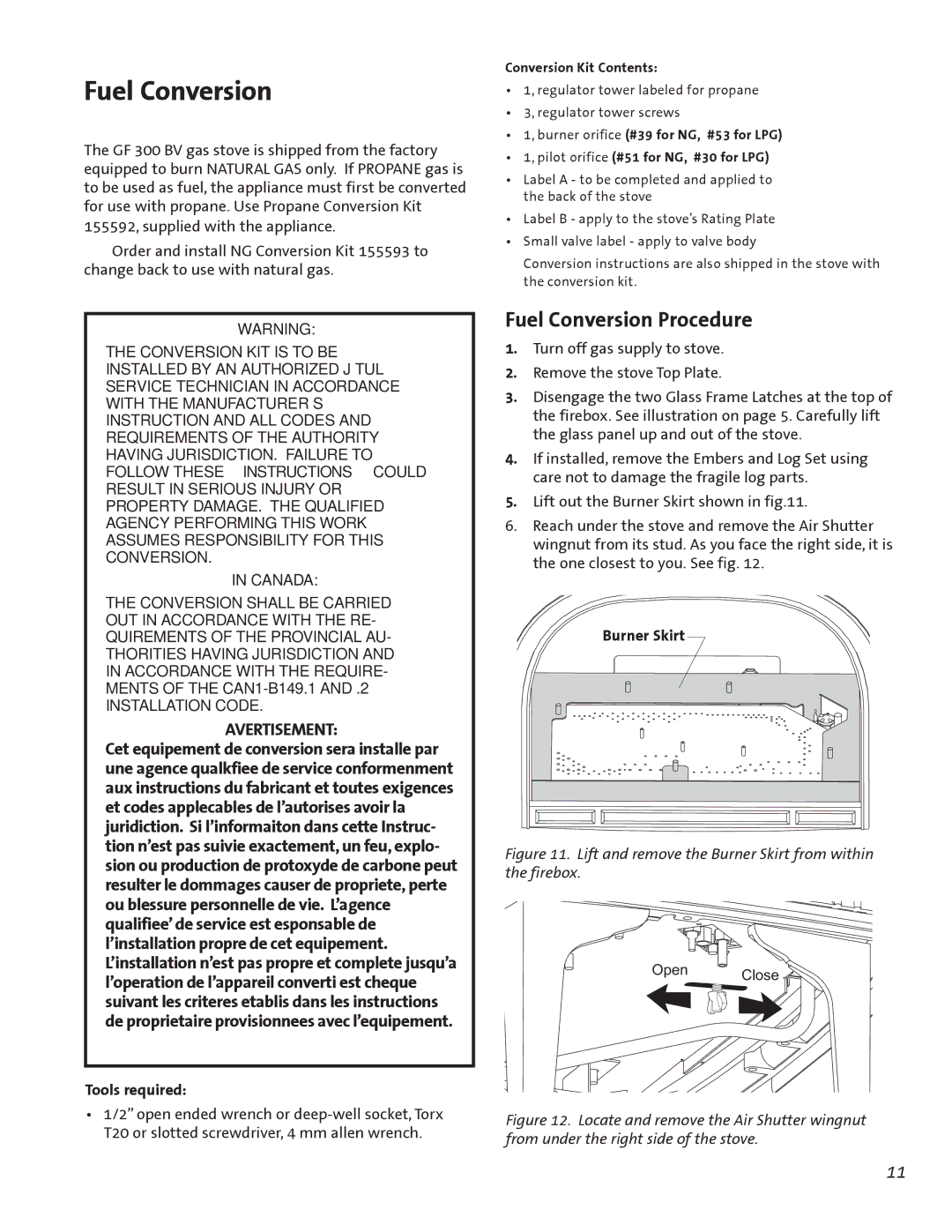 Jotul GF300 BV manual Fuel Conversion Procedure, Tools required, Burner Skirt, Open Close 