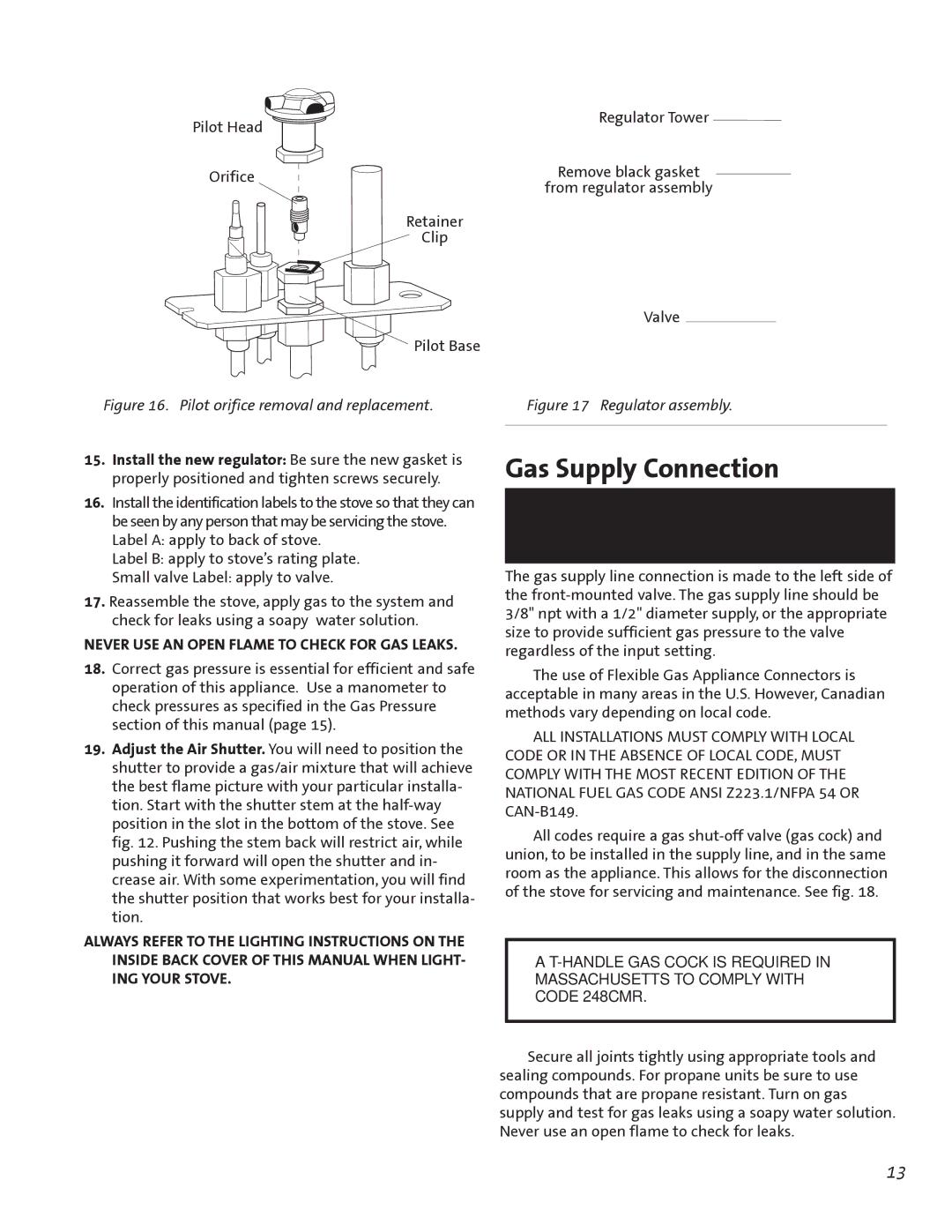 Jotul GF300 BV manual Gas Supply Connection, Pilot Head Regulator Tower Orifice, From regulator assembly 