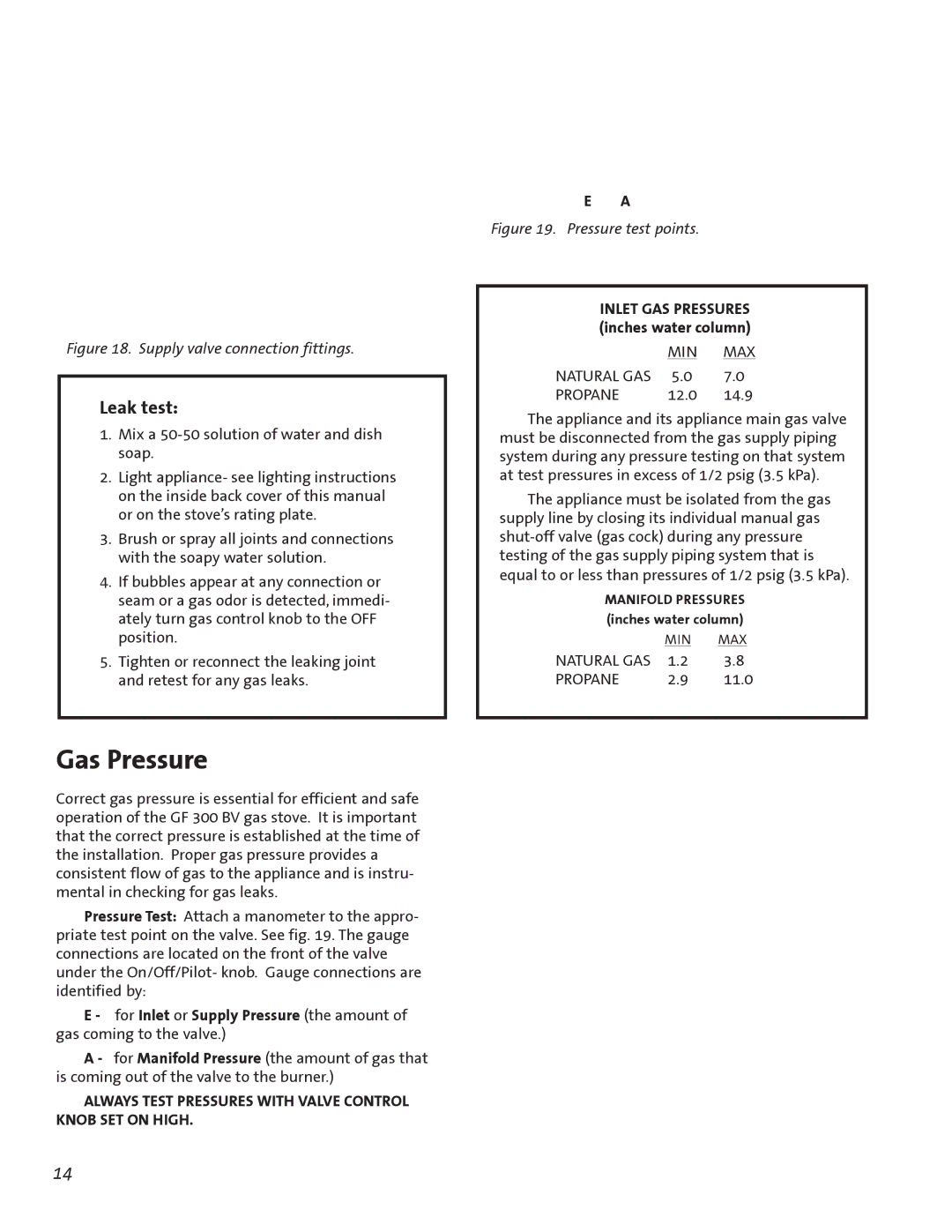 Jotul GF300 BV manual Gas Pressure, Leak test, 11.0 