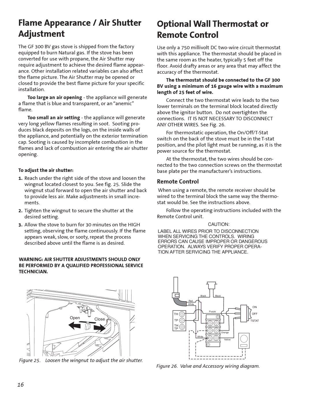 Jotul GF300 BV manual Flame Appearance / Air Shutter Adjustment, Optional Wall Thermostat or Remote Control 