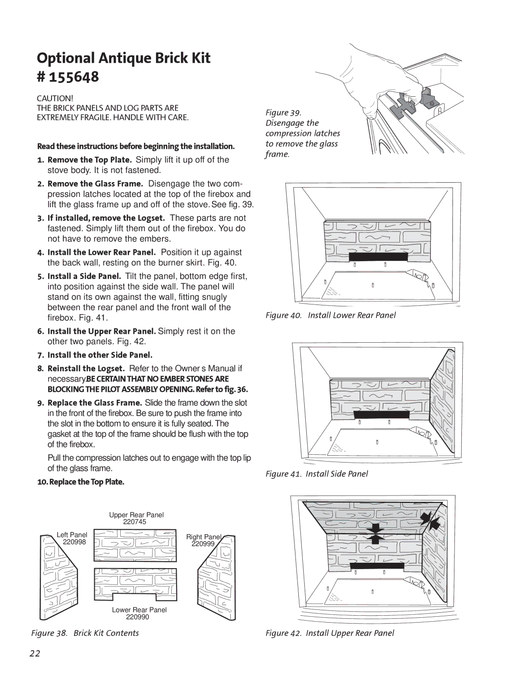 Jotul GF300 BV manual Optional Antique Brick Kit, Replace the Top Plate 