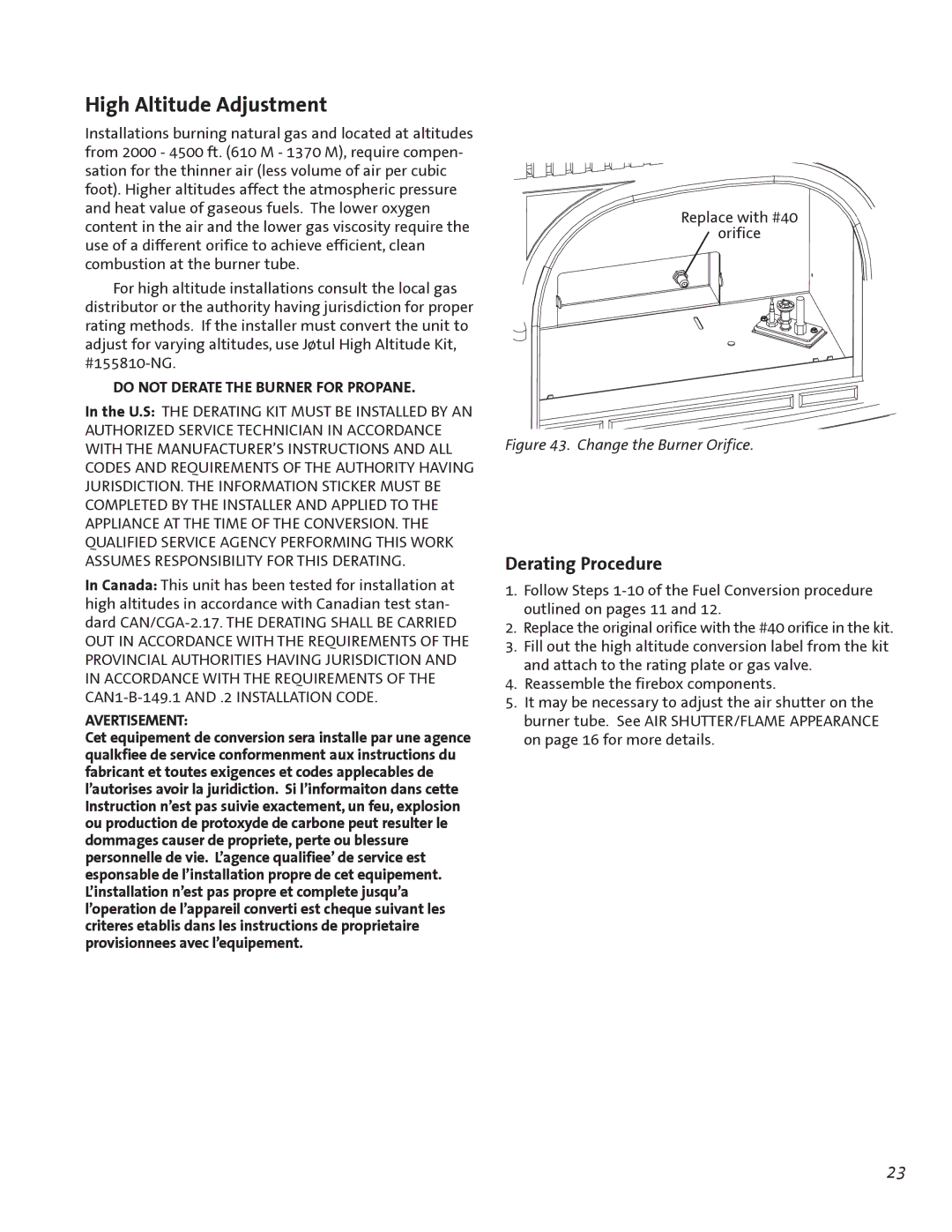 Jotul GF300 BV manual High Altitude Adjustment, Derating Procedure, Replace with #40 Orifice 