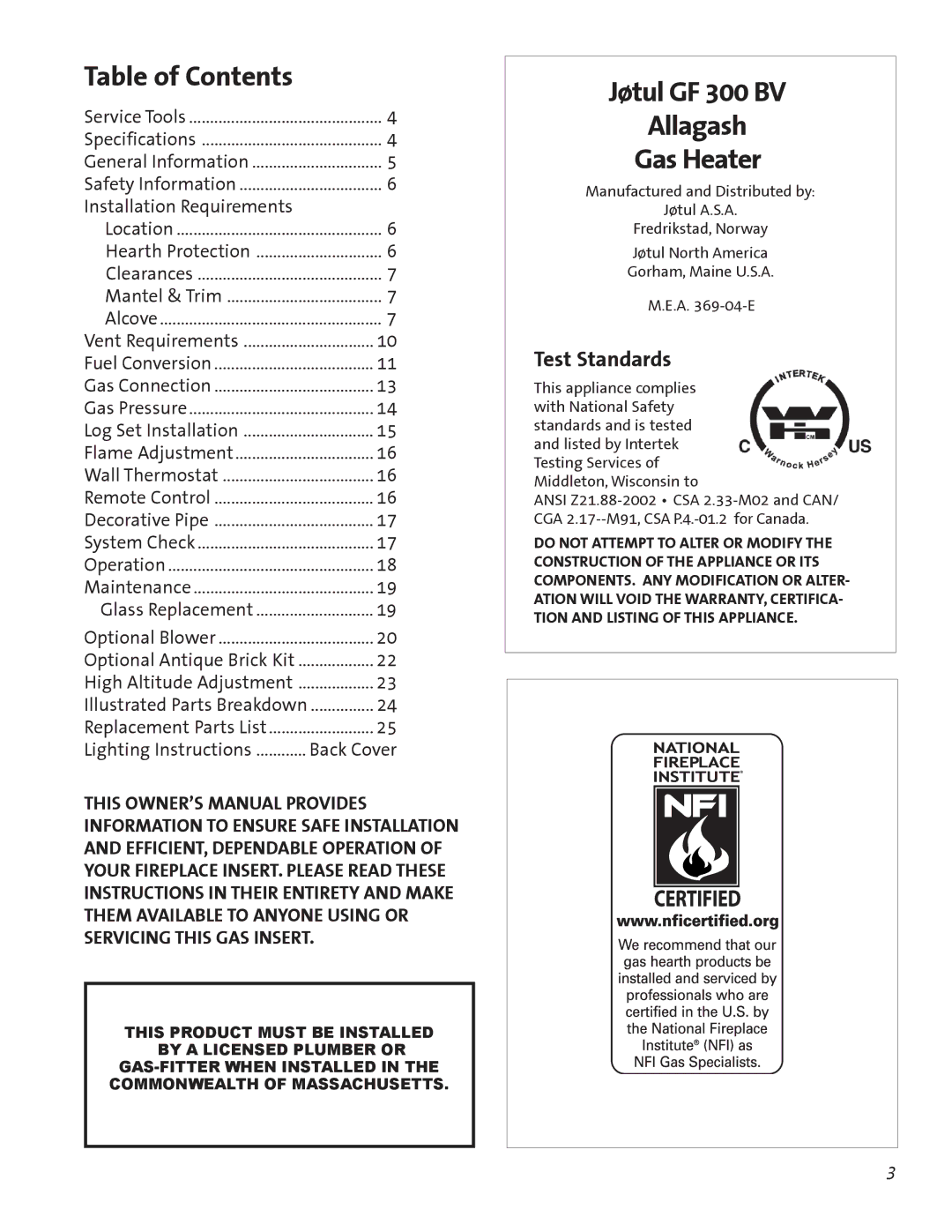 Jotul GF300 BV manual Jøtul GF 300 BV Allagash Gas Heater, Table of Contents 