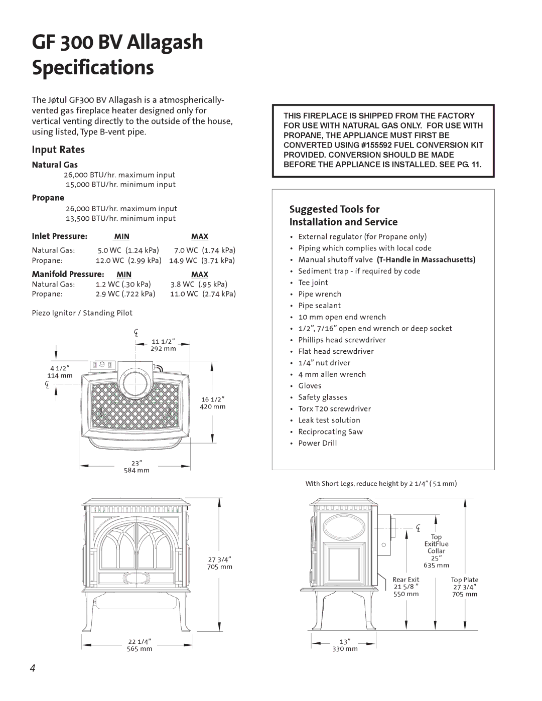 Jotul GF300 BV manual Input Rates, Suggested Tools for Installation and Service 