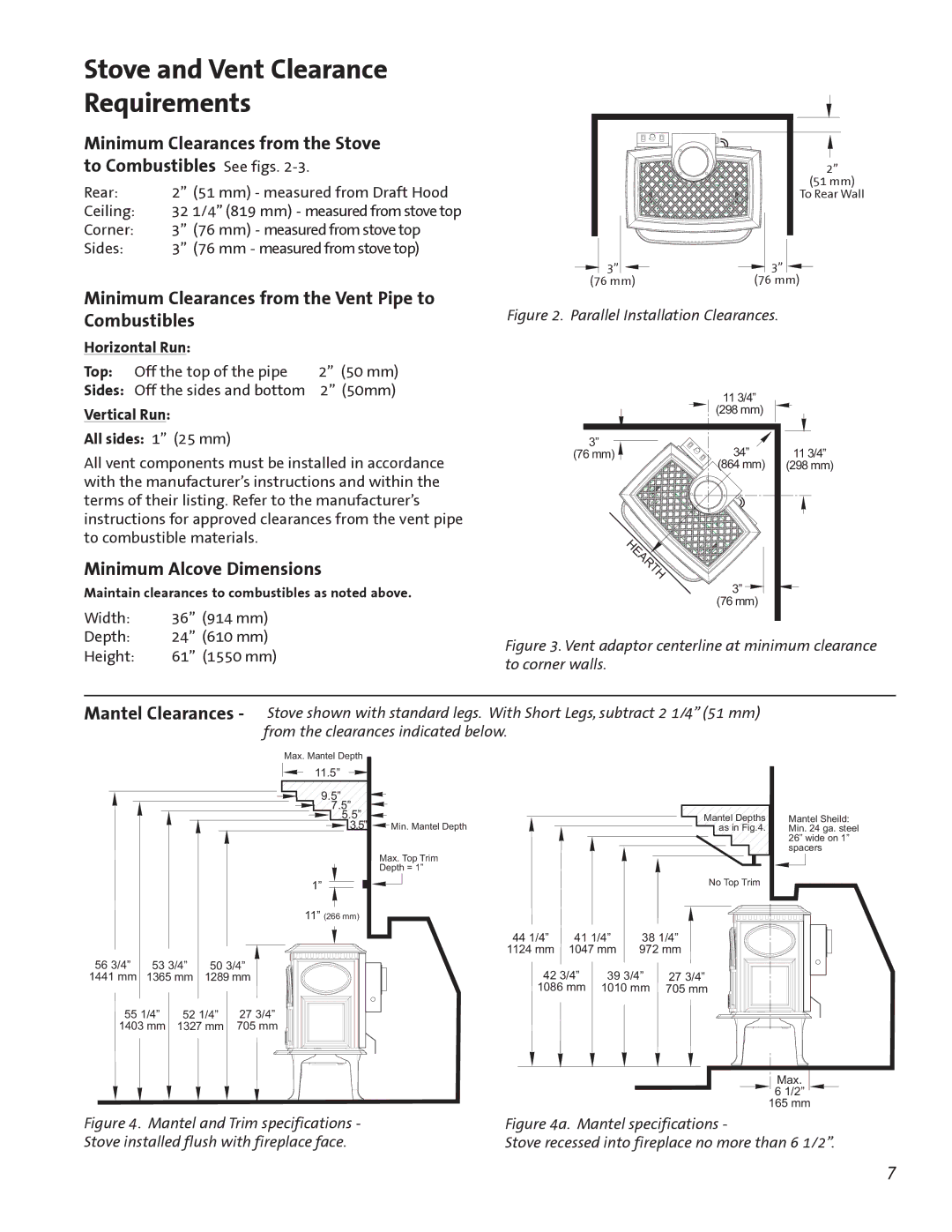 Jotul GF300 BV manual Minimum Clearances from the Vent Pipe to Combustibles, Minimum Alcove Dimensions, Horizontal Run 