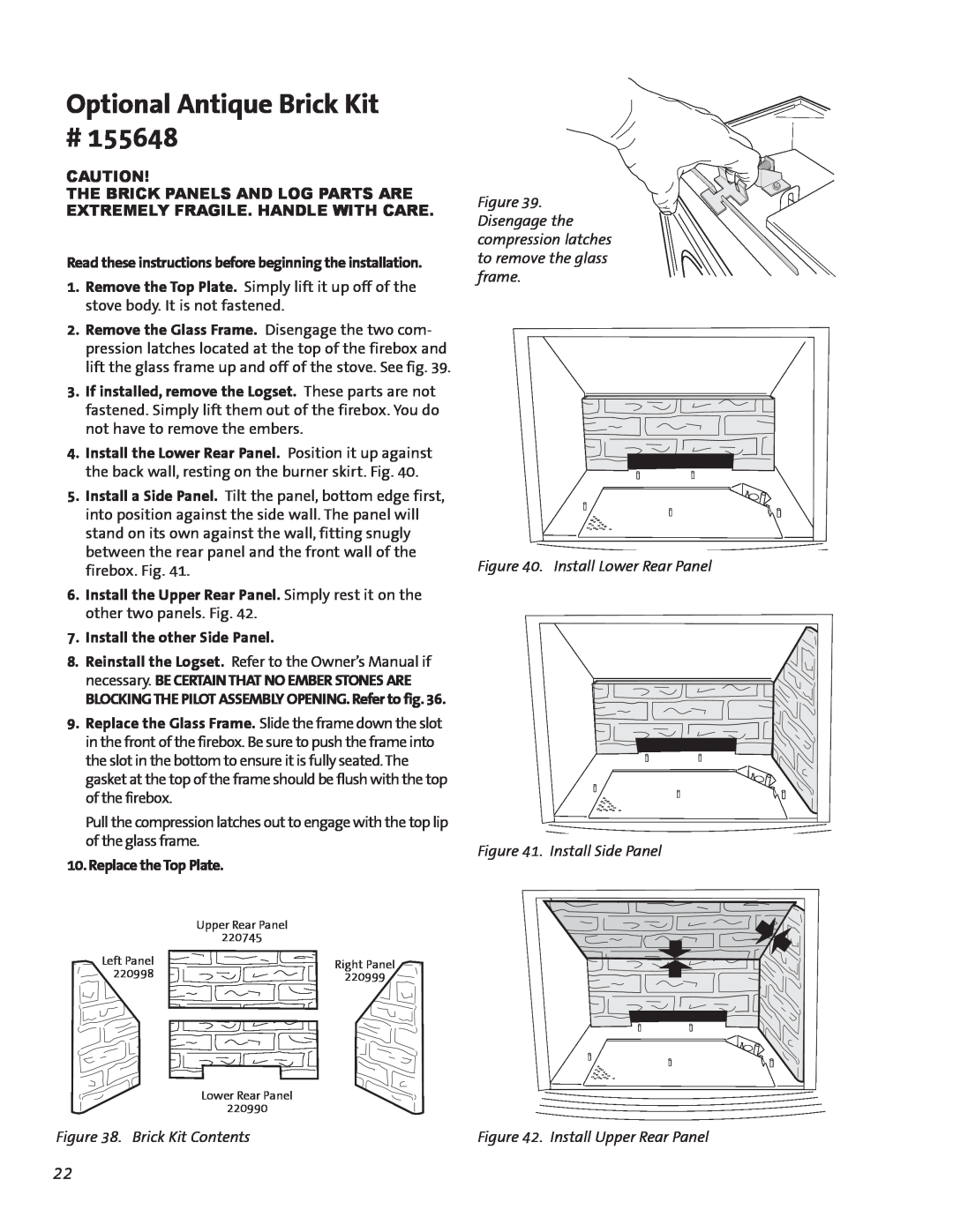 Jotul GF300 BV manual Optional Antique Brick Kit #, Brick Kit Contents, Install Lower Rear Panel, Install Side Panel 