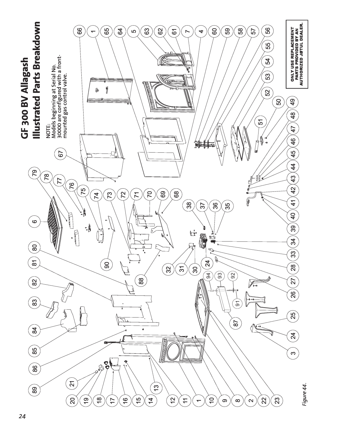 Jotul GF300 BV GF 300 BV Allagash Illustrated Parts Breakdown, Models beginning at Serial No, mounted gas control valve 
