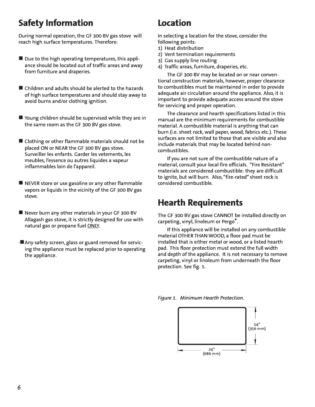 Jotul GF300 BV manual Safety Information, Location, Hearth Requirements, Minimum Hearth Protection 