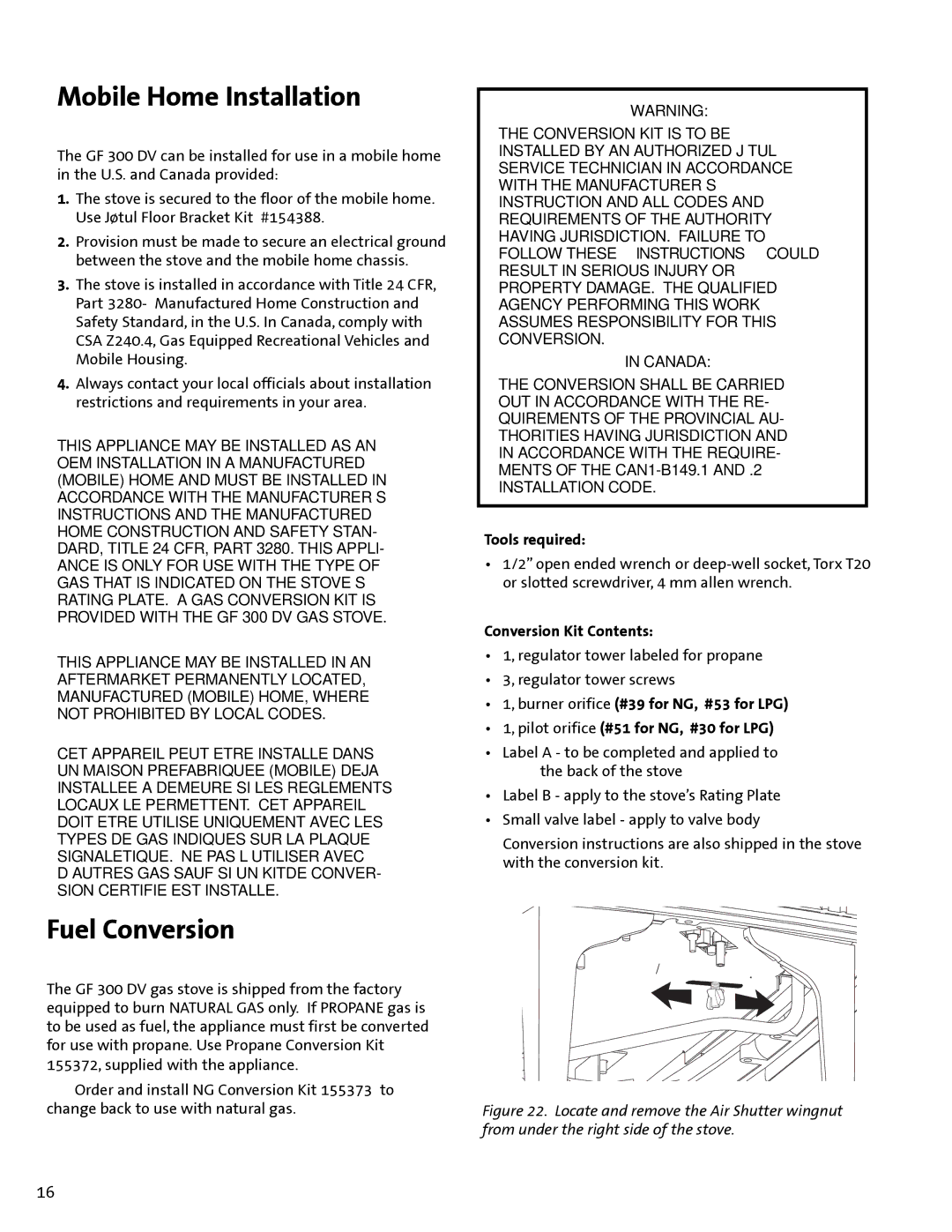 Jotul GF300 DV manual Mobile Home Installation, Fuel Conversion, Tools required, Conversion Kit Contents 