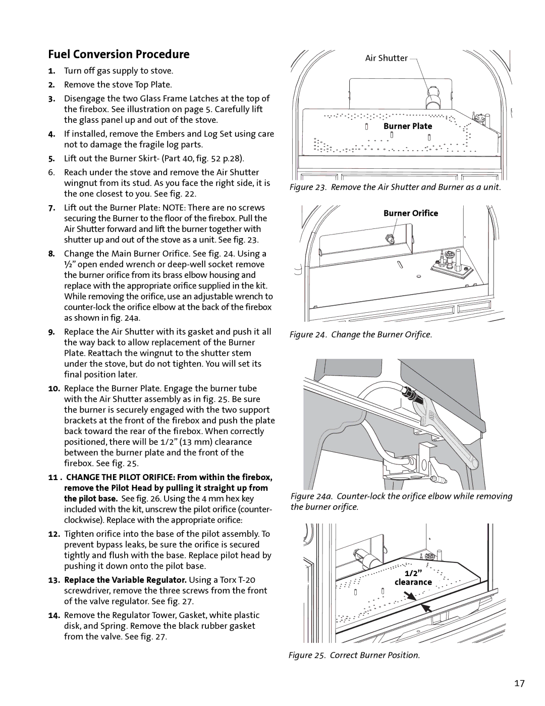 Jotul GF300 DV manual Fuel Conversion Procedure, Burner Plate, Burner Orifice, Clearance 