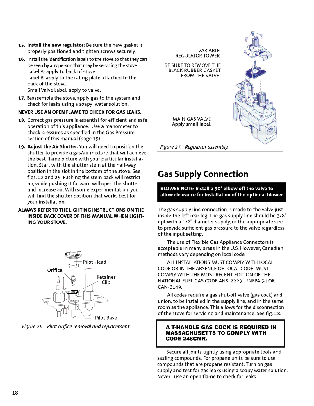 Jotul GF300 DV manual Gas Supply Connection, Pilot orifice removal and replacement 