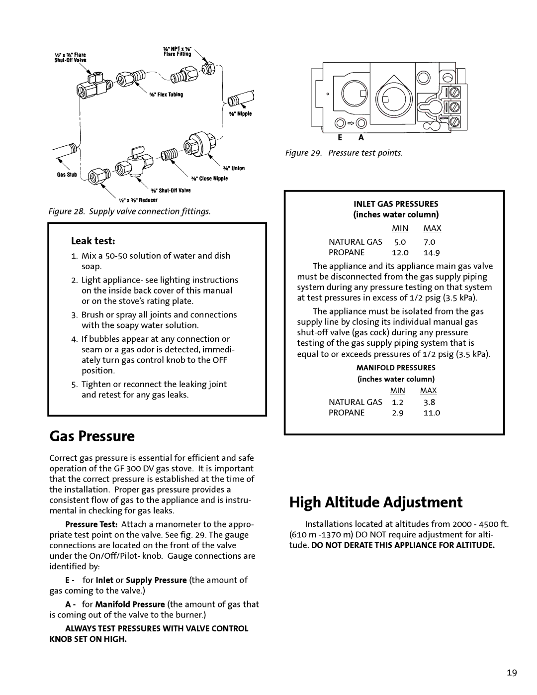 Jotul GF300 DV manual Gas Pressure, High Altitude Adjustment, Leak test 