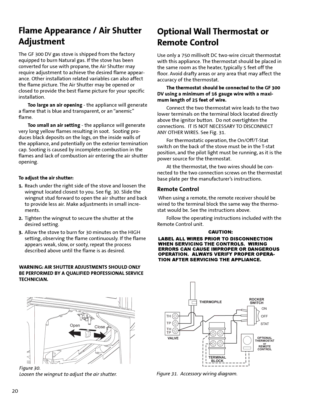 Jotul GF300 DV manual Flame Appearance / Air Shutter Adjustment, Optional Wall Thermostat or Remote Control 