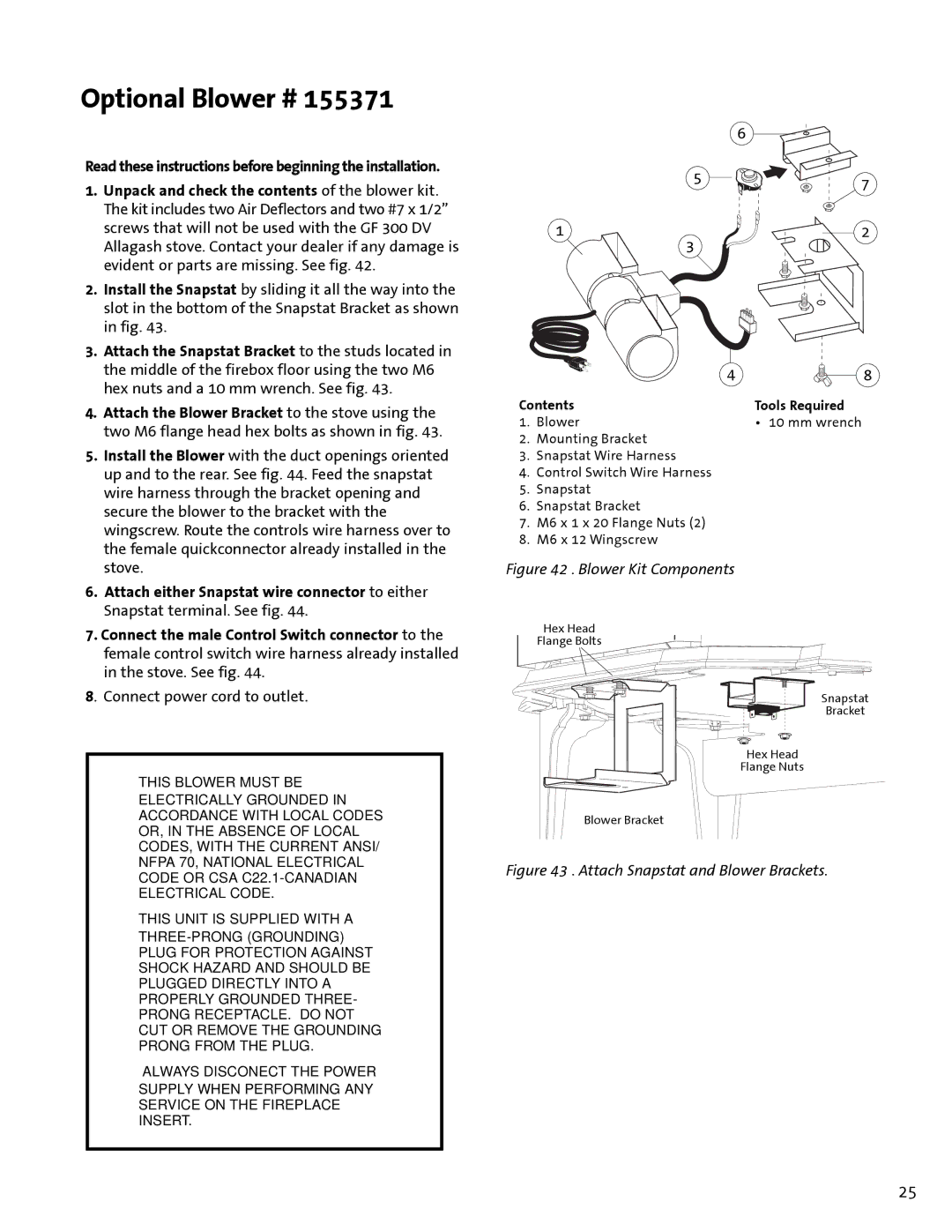 Jotul GF300 DV manual Optional Blower #, Connect power cord to outlet 