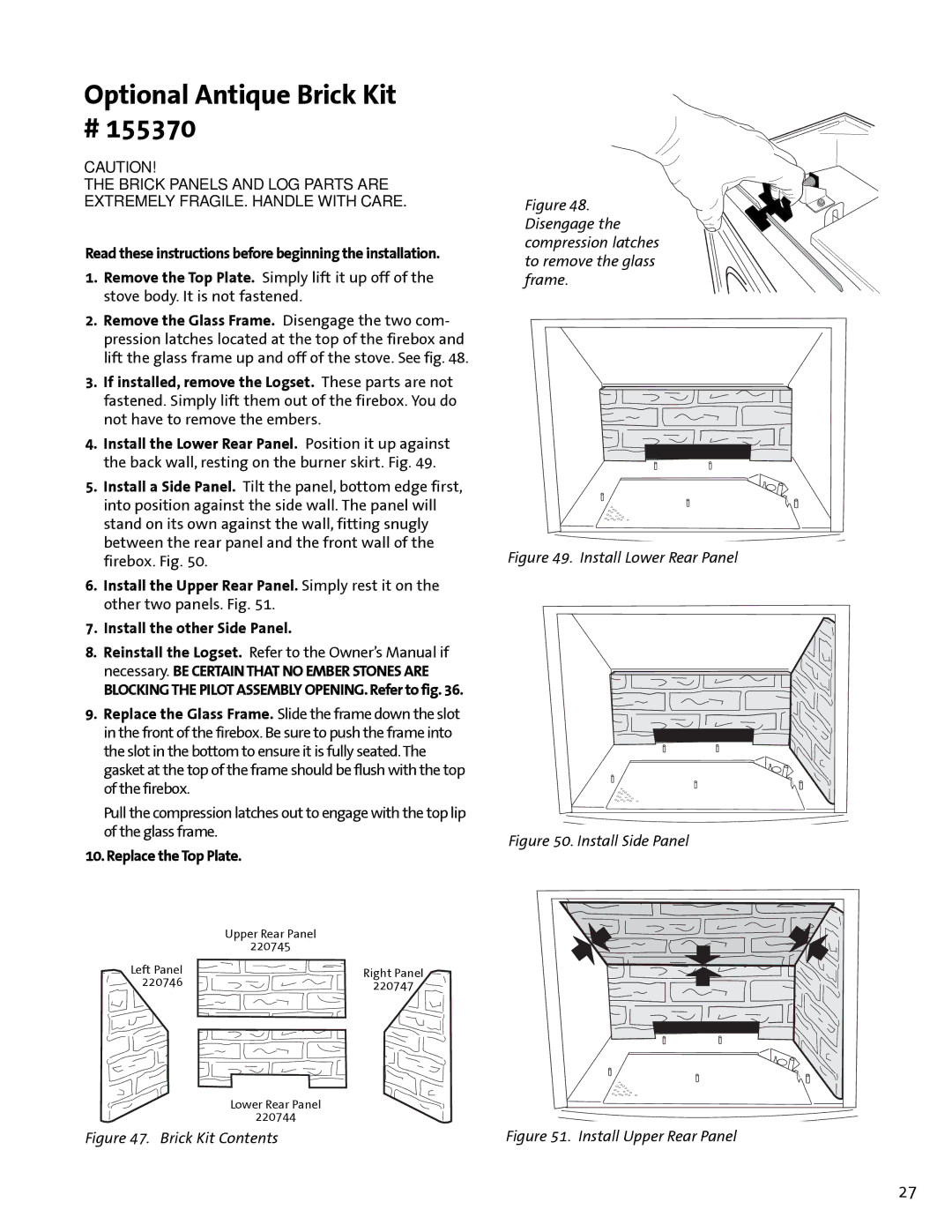 Jotul GF300 DV manual Optional Antique Brick Kit, Replace the Top Plate 