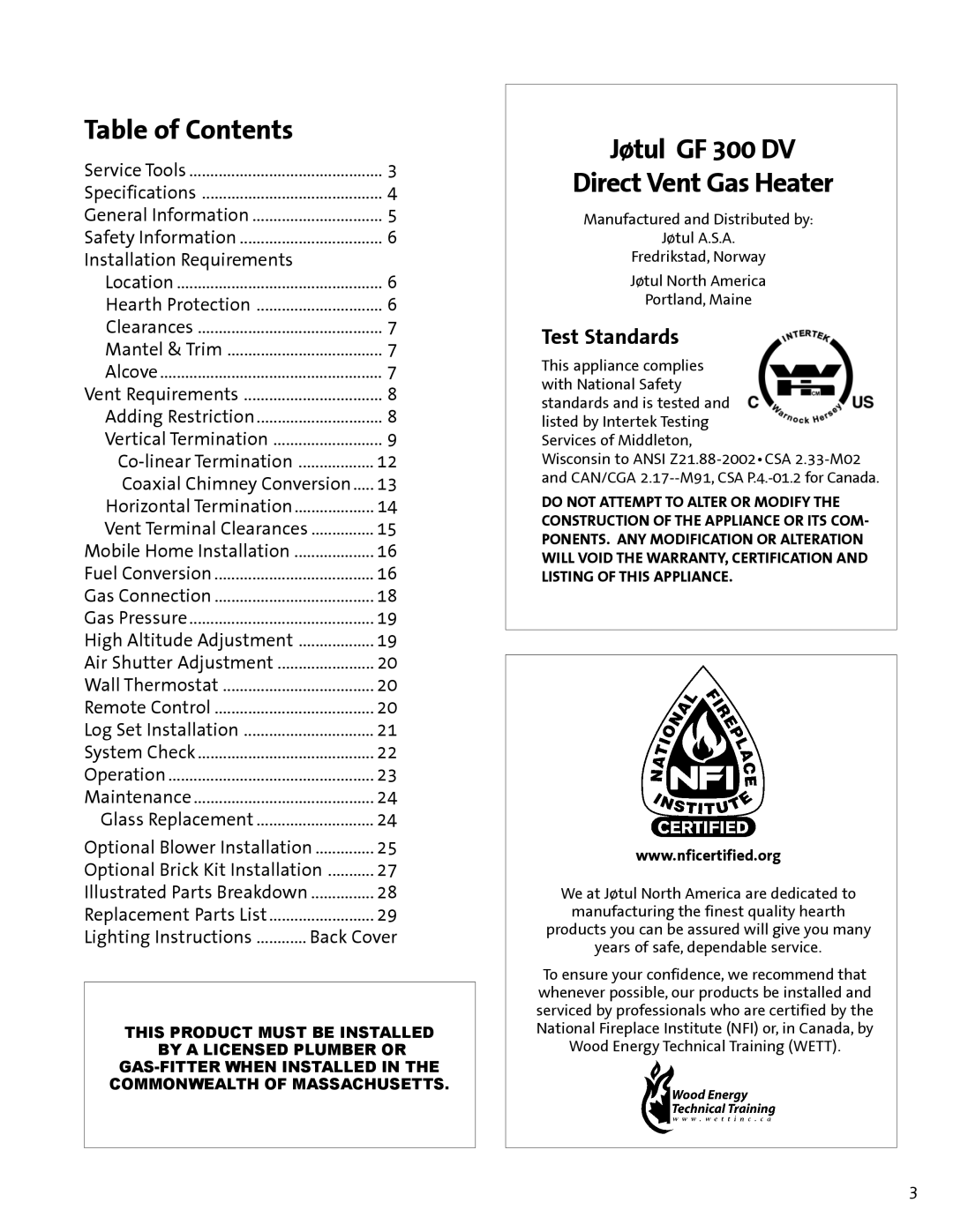 Jotul GF300 DV manual Jøtul GF 300 DV Direct Vent Gas Heater, Table of Contents 