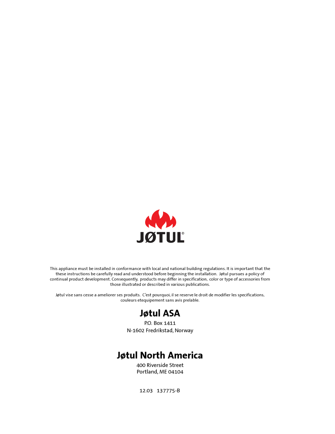 Jotul GF300 DV manual Jøtul ASA, Jøtul North America 