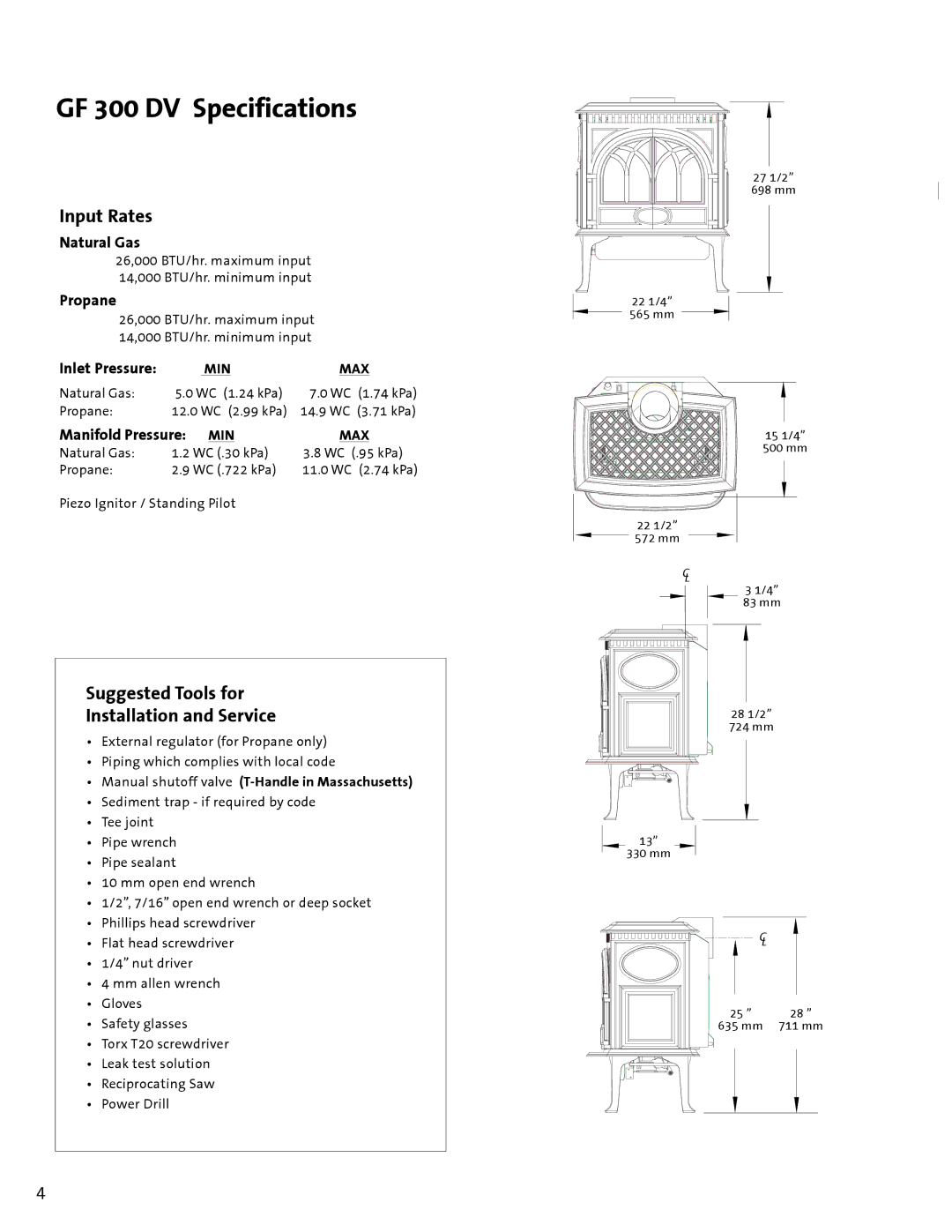 Jotul GF300 DV manual GF 300 DV Specifications, Input Rates, Suggested Tools for Installation and Service 