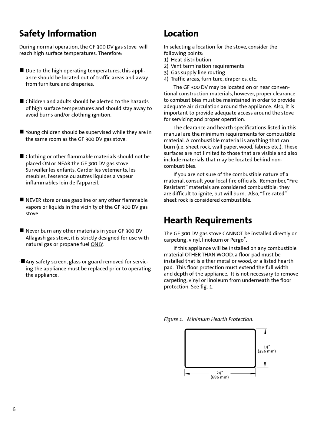 Jotul GF300 DV manual Safety Information, Location, Hearth Requirements 