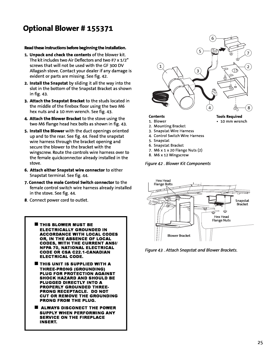 Jotul GF300 DV manual Optional Blower #, Blower Kit Components, Attach Snapstat and Blower Brackets 