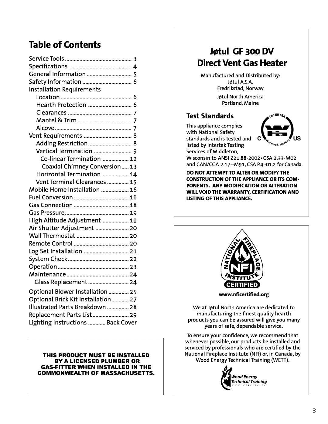 Jotul GF300 DV manual Jøtul GF 300 DV Direct Vent Gas Heater, Table of Contents, Test Standards 