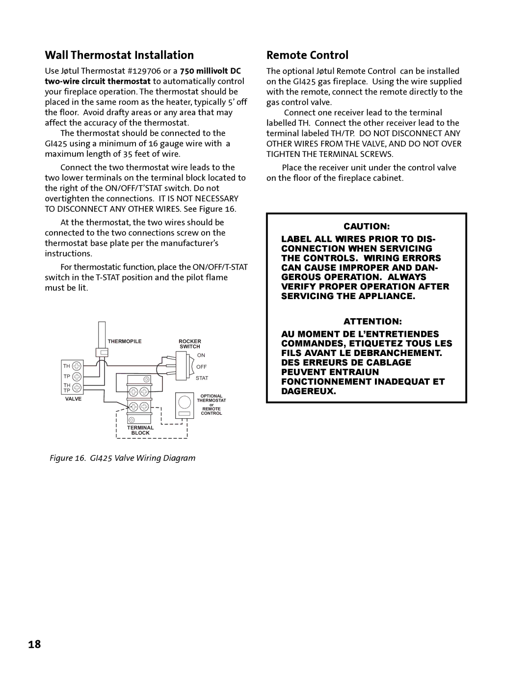 Jotul GI 425 DV manual Wall Thermostat Installation, Remote Control 