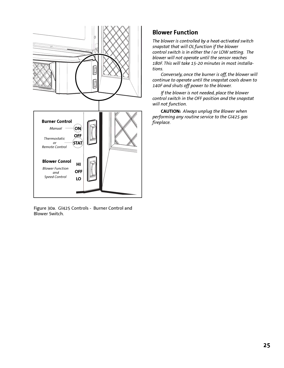 Jotul GI 425 DV manual Blower Function, Burner Control, Blower Conrol 