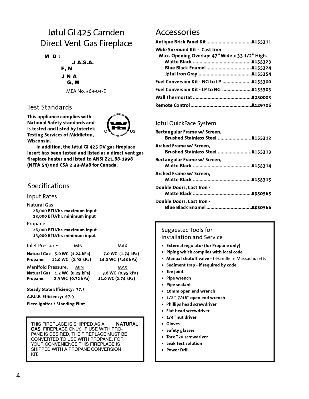 Jotul GI 425 DV manual Jøtul GI 425 Camden Direct Vent Gas Fireplace, Accessories, Test Standards, Specifications 