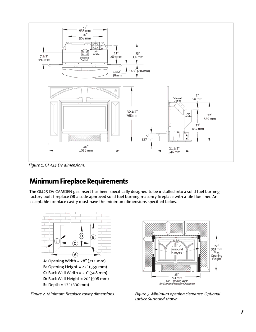 Jotul manual Minimum Fireplace Requirements, GI 425 DV dimensions 