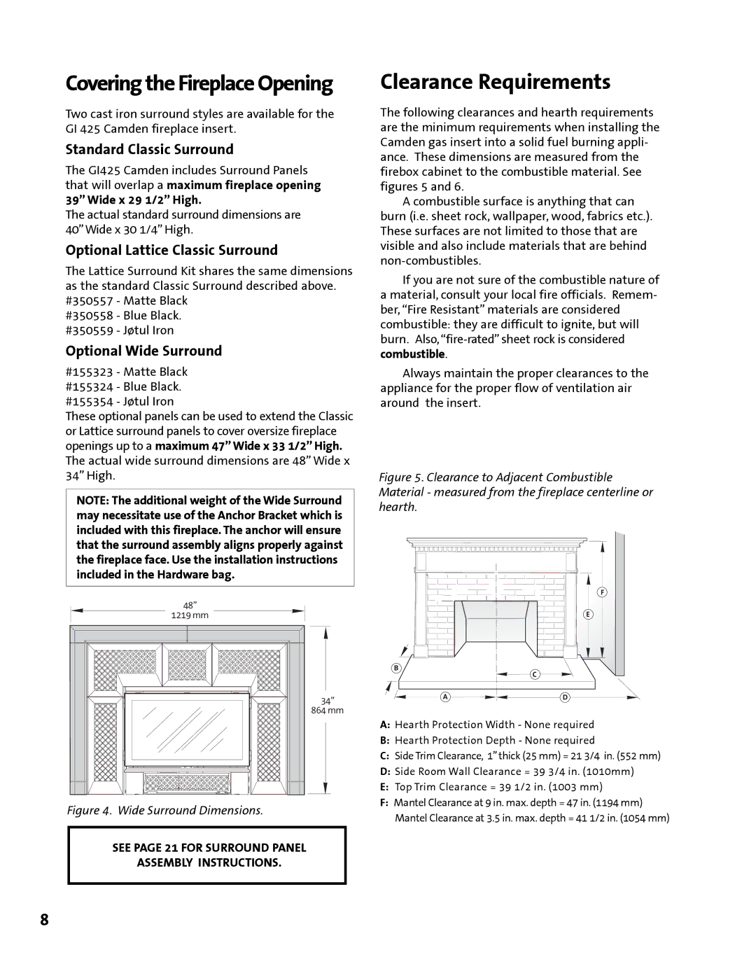 Jotul GI 425 DV manual Clearance Requirements, Standard Classic Surround, Optional Lattice Classic Surround 