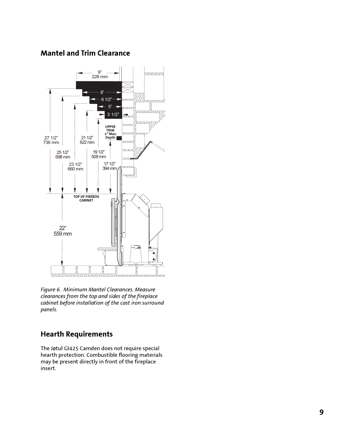 Jotul GI 425 DV manual Hearth Requirements, Mantel and Trim Clearance 