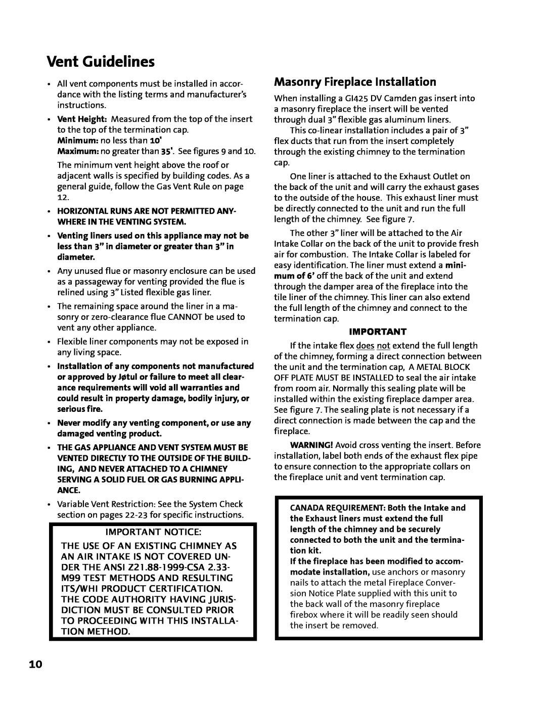 Jotul GI 425 DV manual Vent Guidelines, Masonry Fireplace Installation 