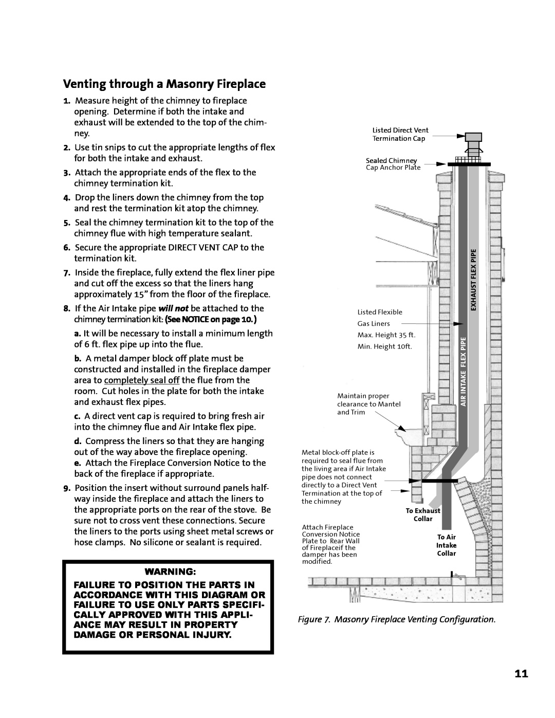 Jotul GI 425 DV manual Venting through a Masonry Fireplace, Masonry Fireplace Venting Configuration 