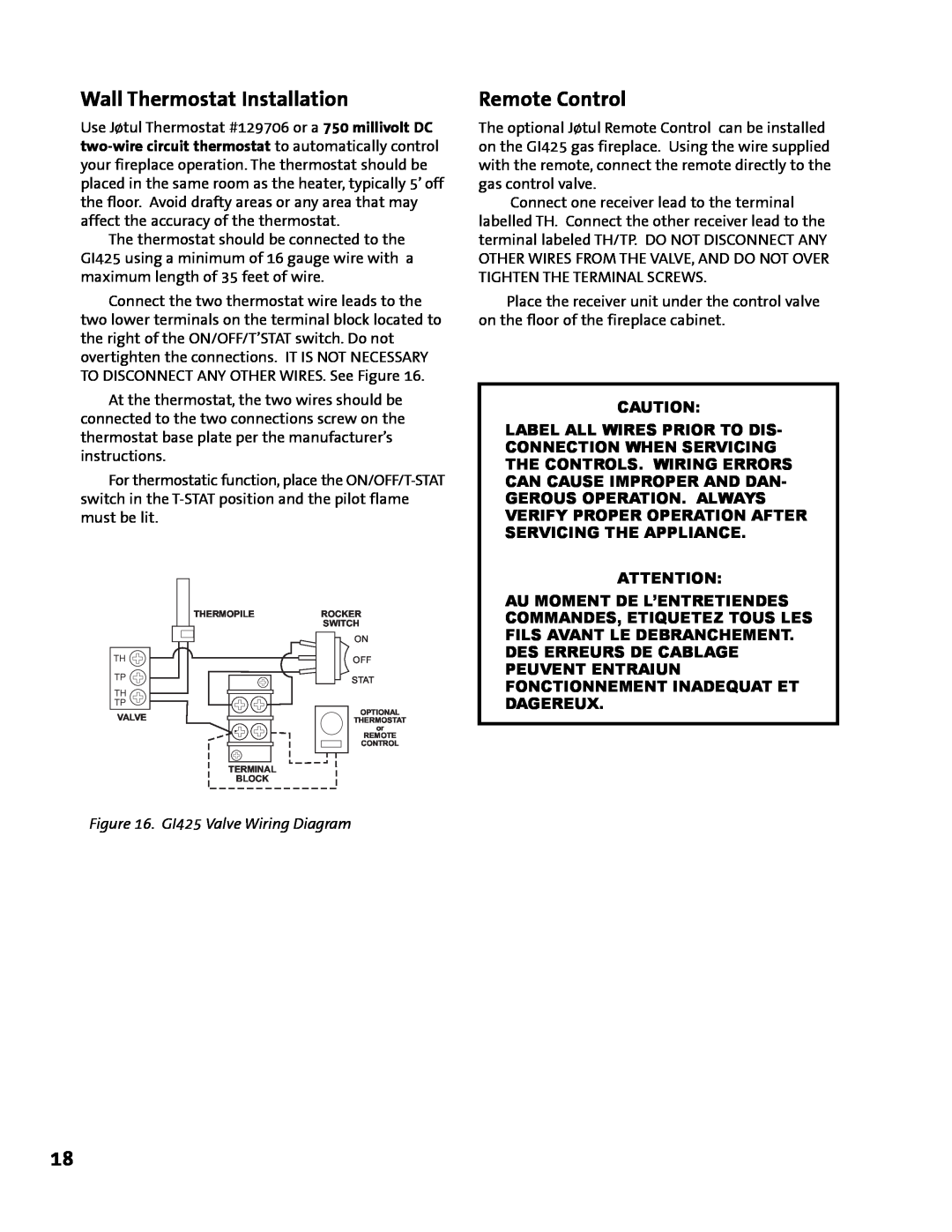 Jotul GI 425 DV manual Wall Thermostat Installation, Remote Control, GI425 Valve Wiring Diagram 