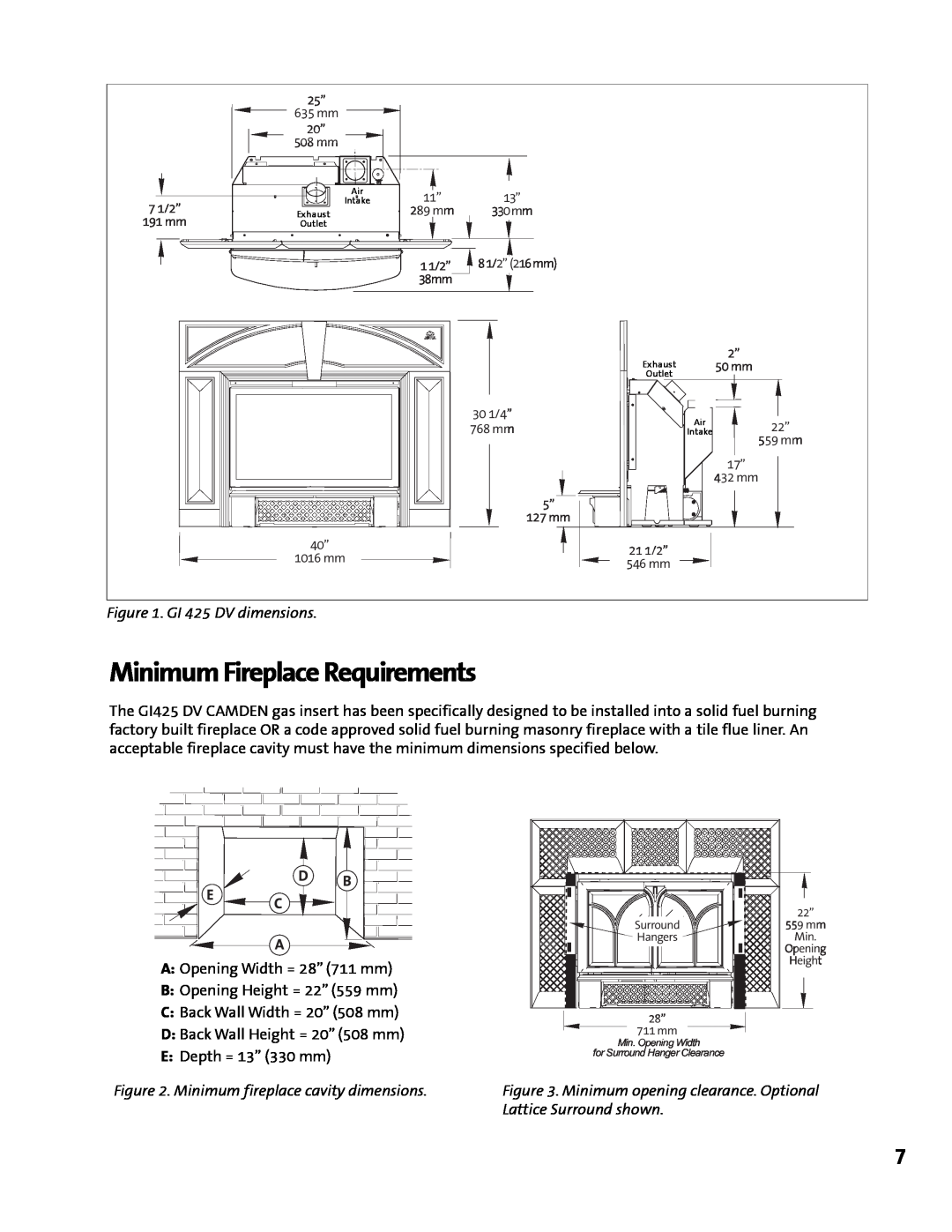 Jotul manual Minimum Fireplace Requirements, GI 425 DV dimensions, Minimum fireplace cavity dimensions 