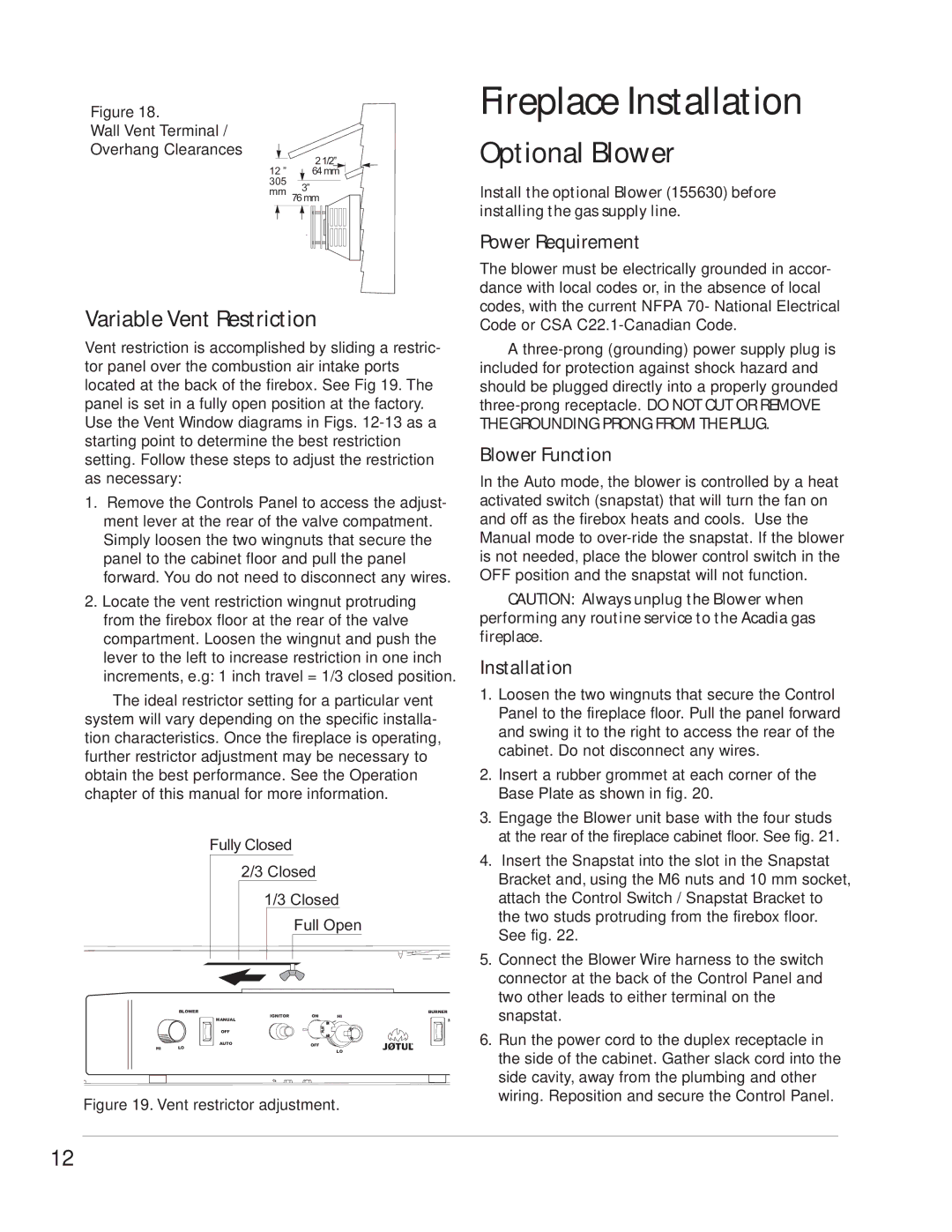 Jotul GZ 550 DV II manual Fireplace Installation, Optional Blower, Variable Vent Restriction 