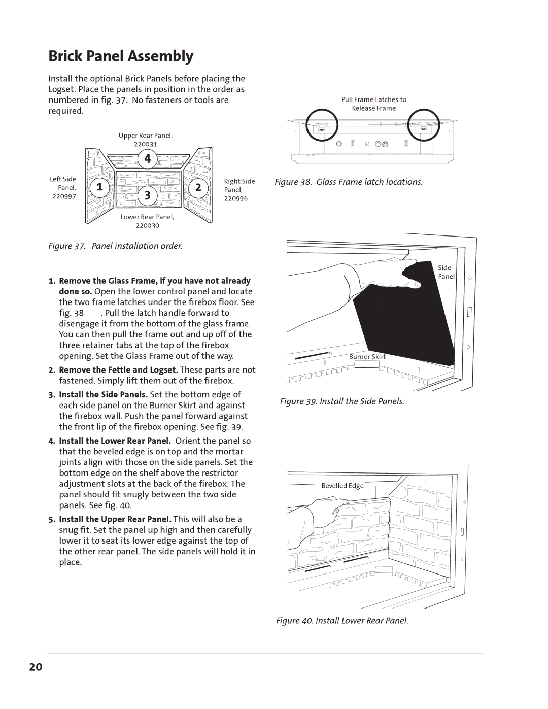 Jotul GZ 550 DV II manual Brick Panel Assembly, Glass Frame latch locations 