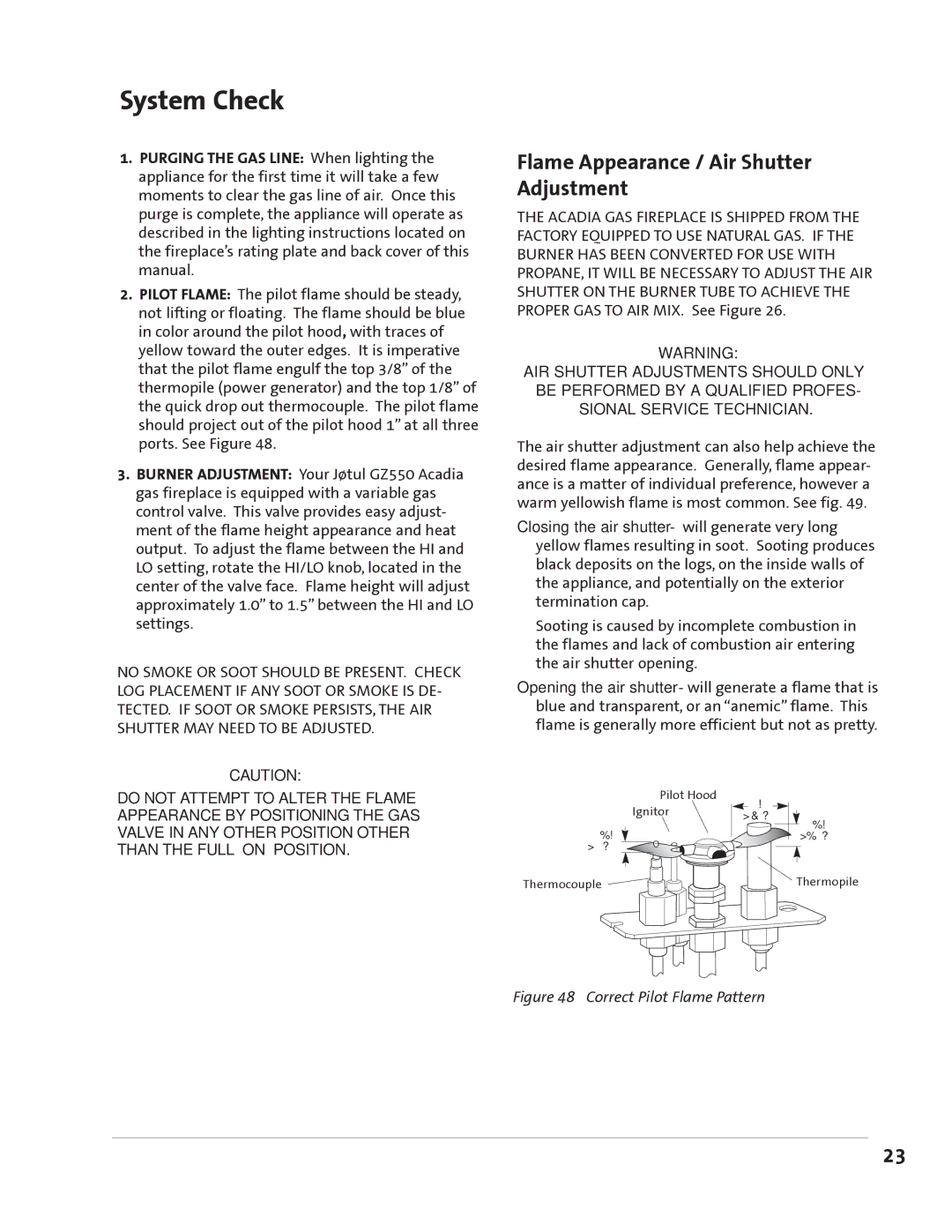 Jotul GZ 550 DV II manual System Check, Flame Appearance / Air Shutter Adjustment 