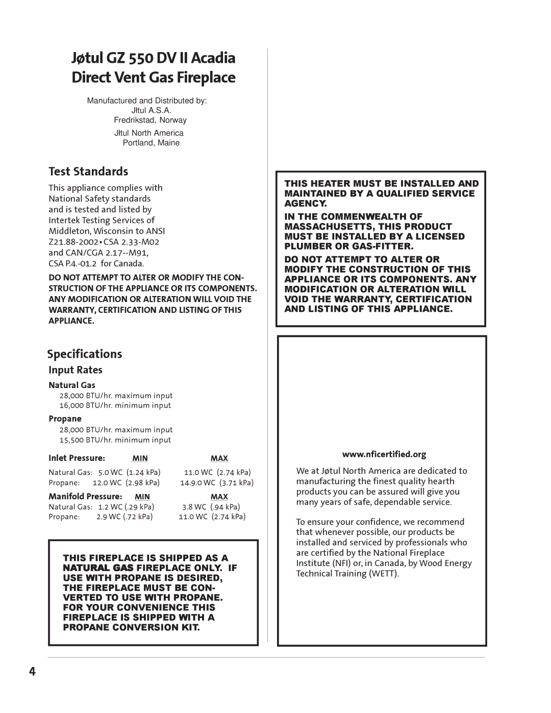 Jotul GZ 550 DV II manual Test Standards, Specifications, Input Rates 