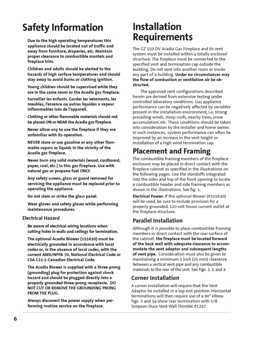 Jotul GZ 550 DV II manual Safety Information, Installation Requirements, Placement and Framing, Parallel Installation 